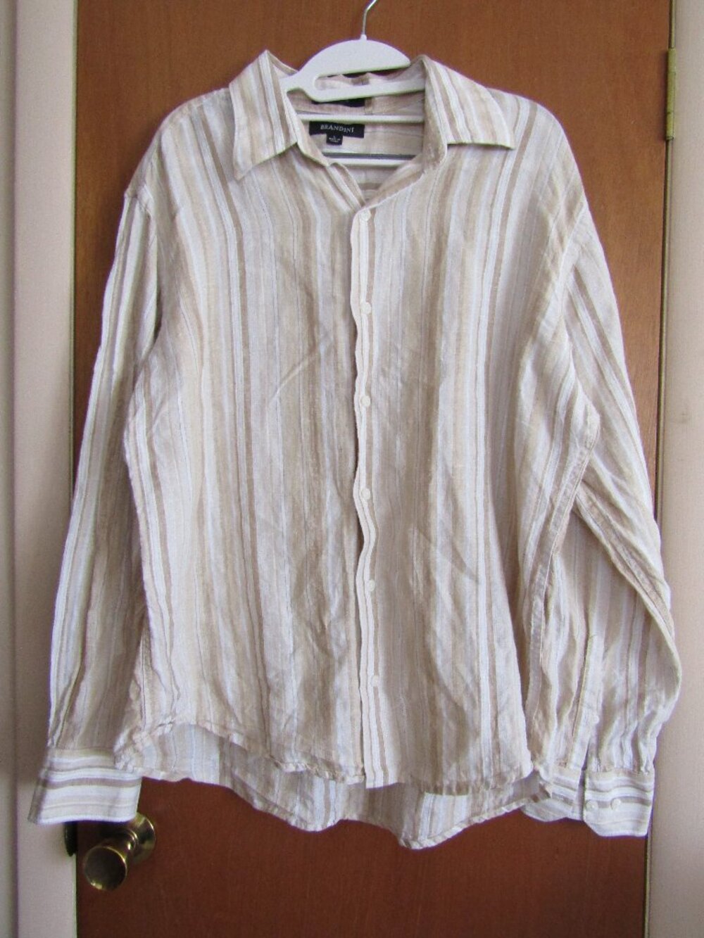 Brandini 100% Linen Shirt Mens Size L L/S Beige Stripe Casual Vintage Shirt